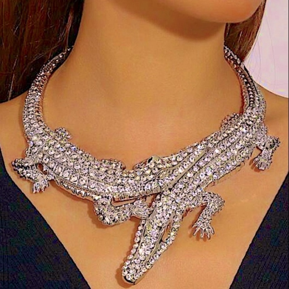 Silver Crocodile Alligator Choker Statement Necklace Double Headed